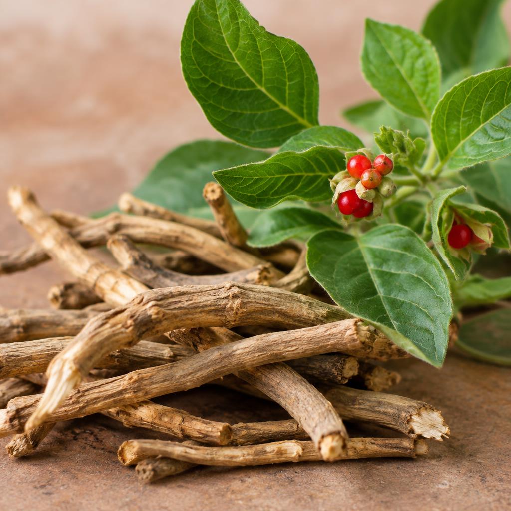 Dried ashwagandha roots with fresh green leaves and red berries