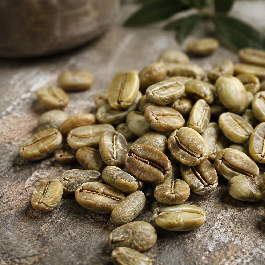 Unroasted green coffee beans scattered on a rustic stone surface