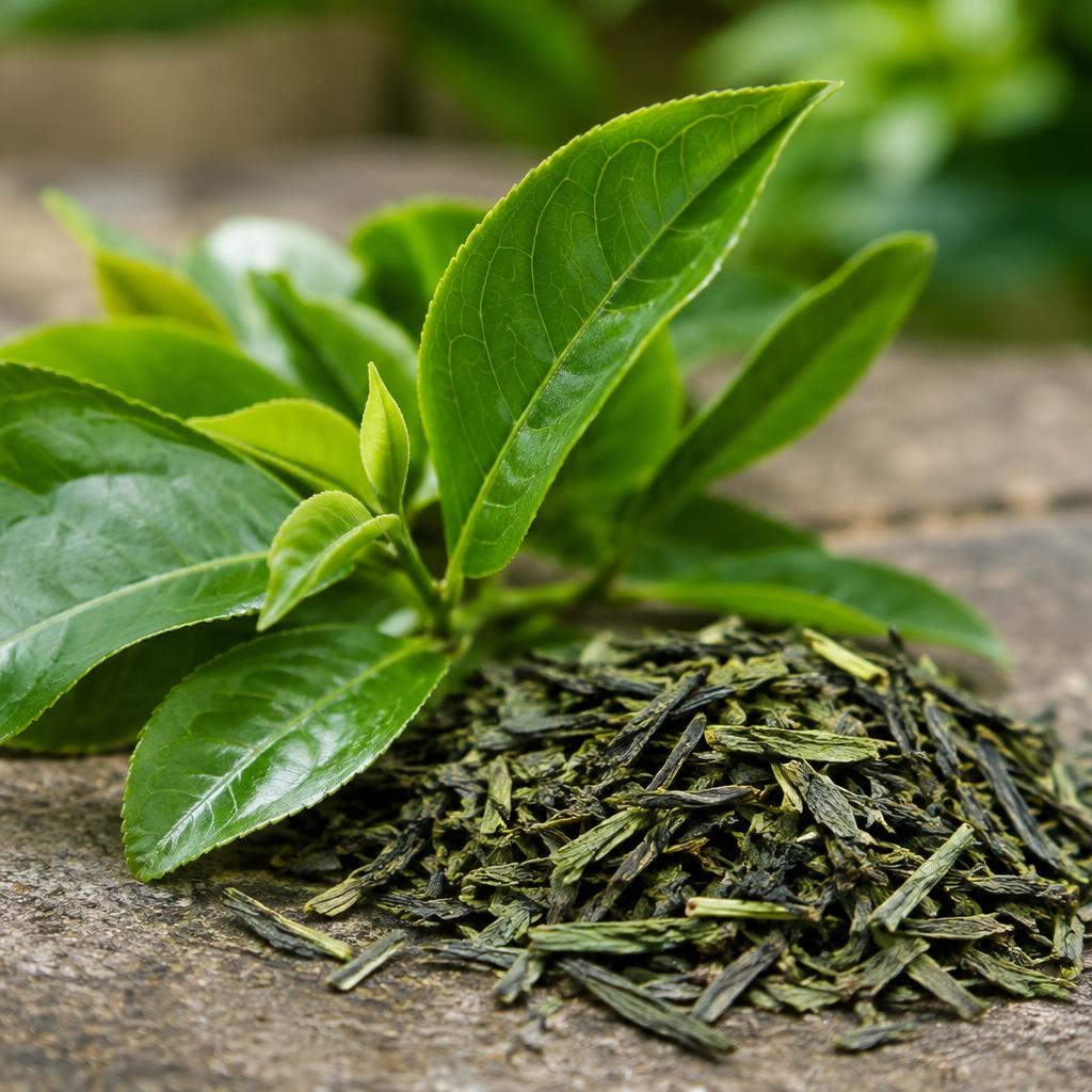 Fresh green tea leaves beside a mound of dried loose green tea
