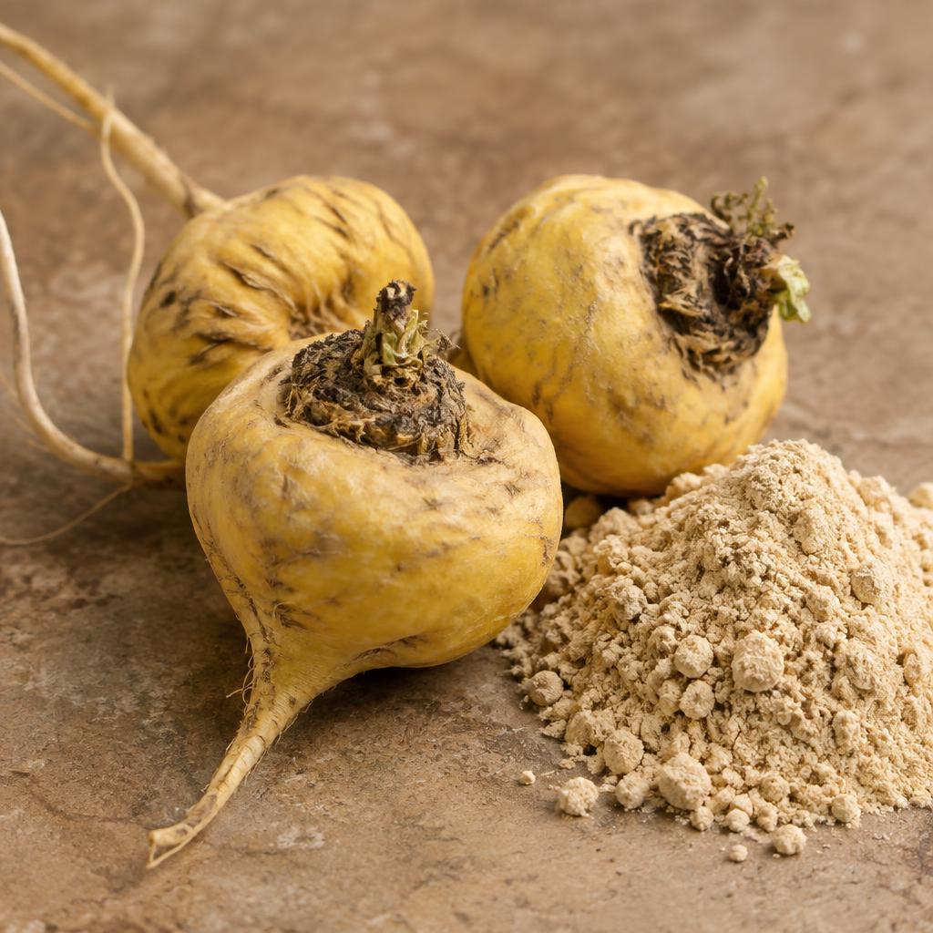 Fresh maca roots and a pile of maca powder on a natural stone surface