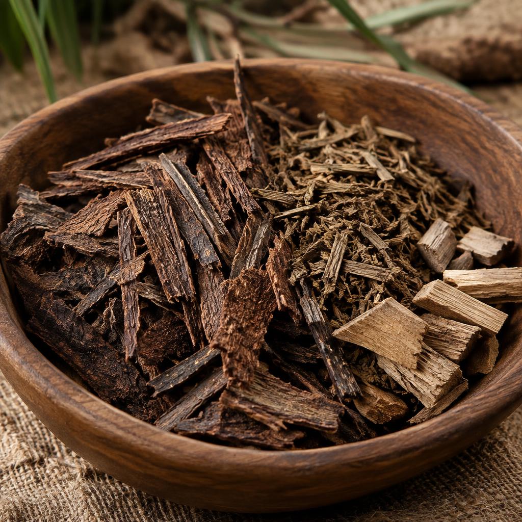 Shredded muira puama bark in a rustic wooden bowl